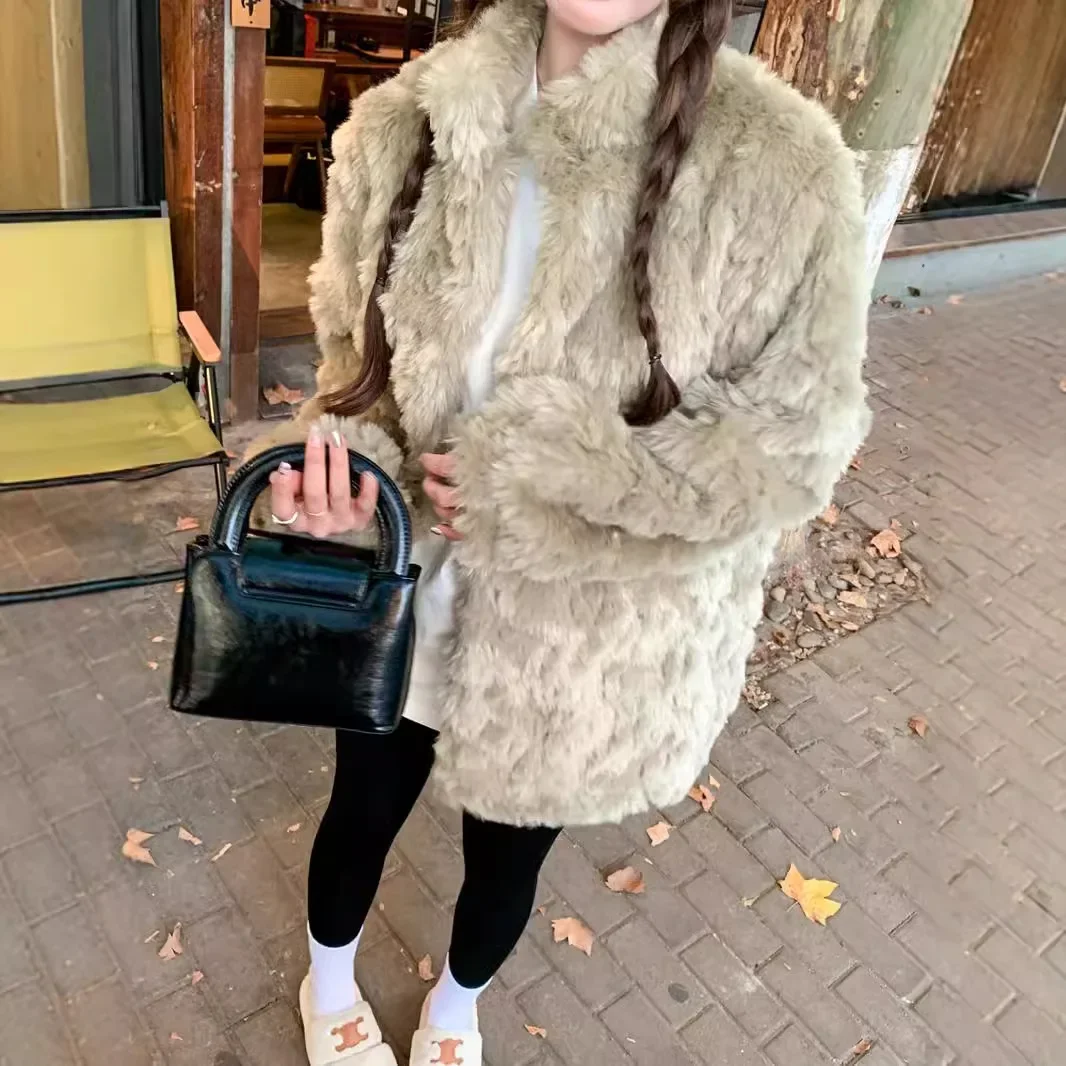 Korean Fashion Mid-Length Fur Coat Loose Casual Plush Clothing New Winter Faux Fur Coat Stand-Up Collar Shearling Coat for Women