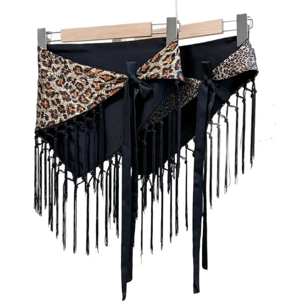 Hippie Leopard Print Triangle Hip Scarf Tie Dye Self-tie Tassel Fringe Wrap Fringed Edge Decorative Waist Scarf Streetwear Style