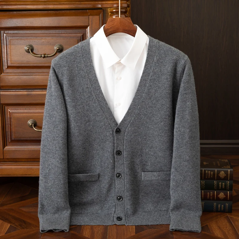 

Осень-зима, толстая 100% чистая шерсть, мужской кардиган с v-образным вырезом, повседневная свободная рубашка большого размера с длинными рукавами, вязаный свитер, теплая куртка