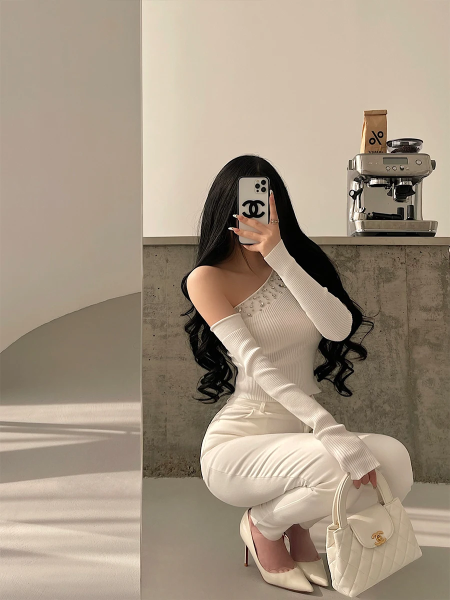 Sexy Young Girl Day Pure Desire Knitted Top Shoulder Bared Diamond Embellished Removable Sleeve Slant Collar Base Layer Shirt