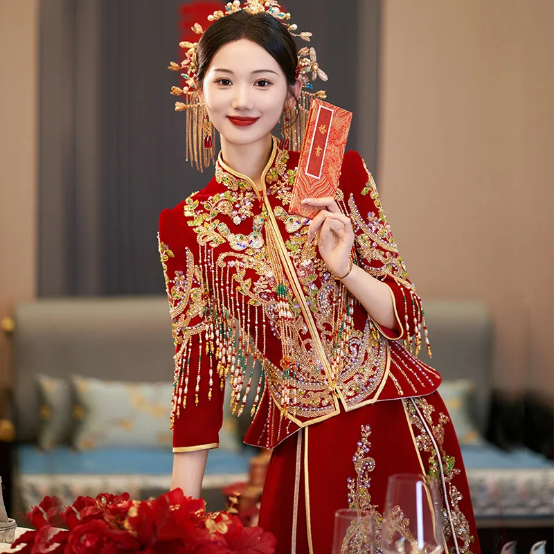 

Платье Сюхэ 2026: Новинка, Элитное Китайское Свадебное Платье, Высококачественная Одежда для Торжеств, Изысканная Ручная Работа