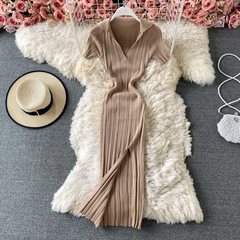 YuooMuoo Chic Fashion Dzianinowa sukienka letnia z rozcięciem w prążki Koreańska sukienka polo Slim Elastyczna sukienka damska Streetwear Lady Vestidos