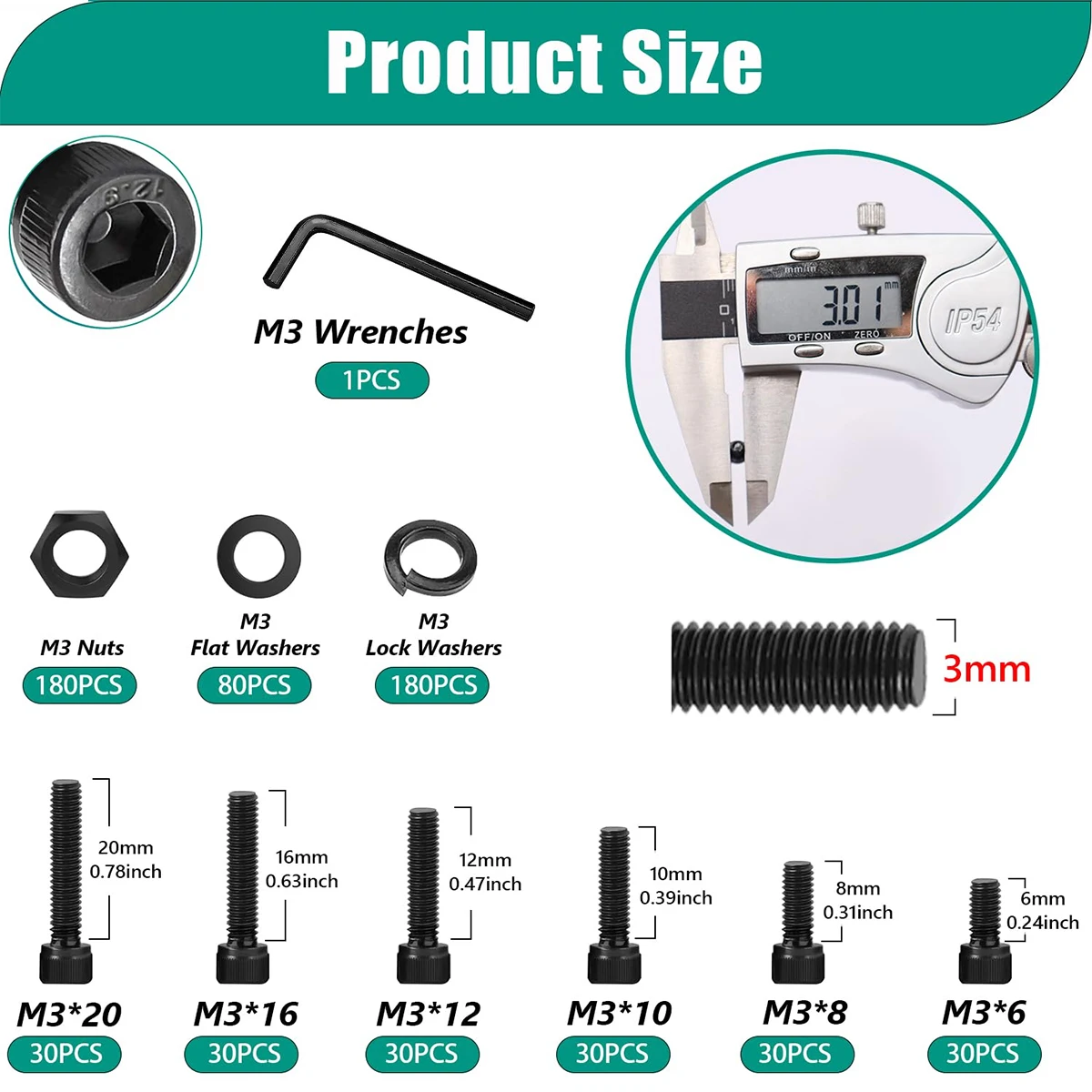 ชุดสกรูเหล็กอัลลอยด์เกรด 12.9 จำนวน 440 ชิ้น ขนาด M3x6/8/10/12/16/20 มม. พร้อมน็อตหัวหกเหลี่ยม แหวนรอง และน็อตแบบรวม