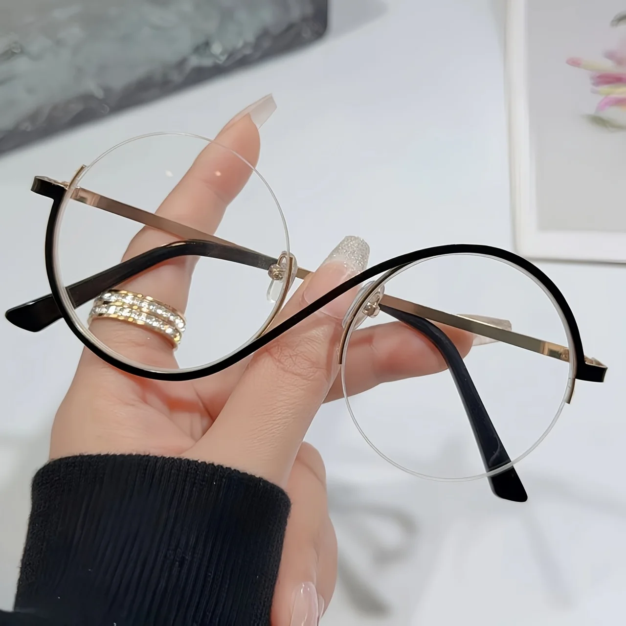 Nueva tendencia de moda: Gafas de espejo planas redondas de media montura metálica, estilo bruja, con montura metálica, tendencia moderna, ideales para uso diario, conciertos, fiestas, accesorios para fiestas, gafas para disfraz de Halloween, accesorios para eventos.