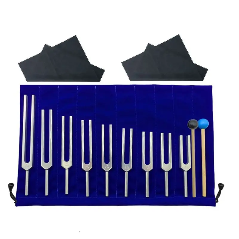 T34C 9 Silver Tuning Forks for Healing Chakras, Sound Therapy, Maintaining Perfect Harmony of Body, Mind and Spirit