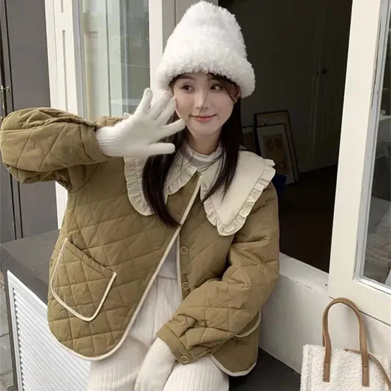 Korean Style Winter Cute Loose Warm Jacket Women Chic Ruffle Neck Sweet Parkas Ovrcoat Girl Japanese Harajuku Kawaii Padded Coat