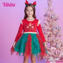 VIKITA Girls Christmas New Year Red Green Dress Kids Flare Sleeve Unicorn Snowflakes Dress Girls Shiny Tutu Princess Dresses