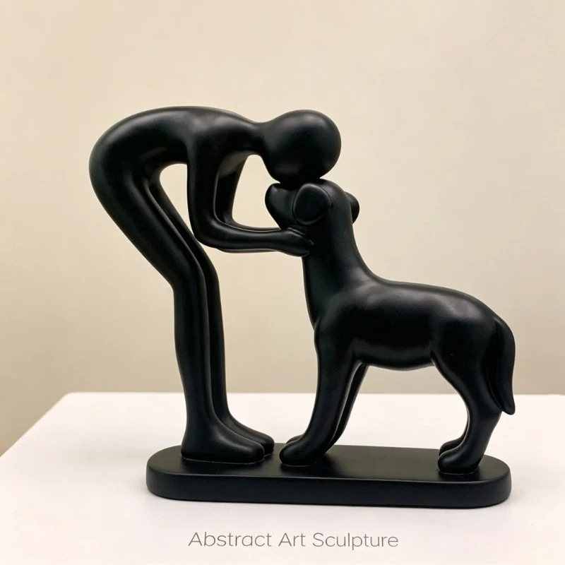 Nordic Resin Man & Dog Sculpture, Black Abstract Kissing Statue for Home Office Desk Decor & Pet Lover Gift