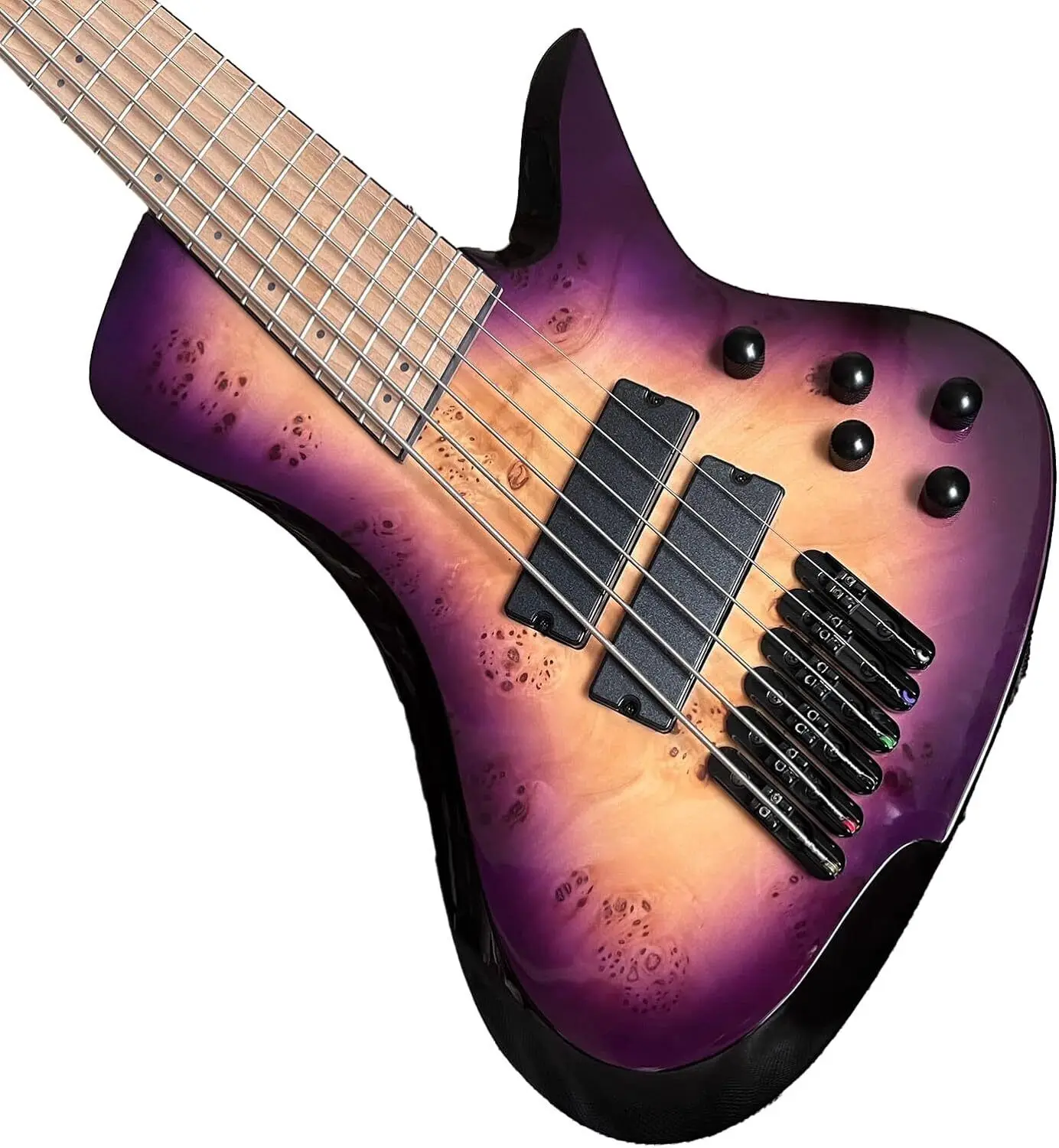 

6 String Fanned Fret Electric Bass Guitar Purple Burl Burst Quilt Maple