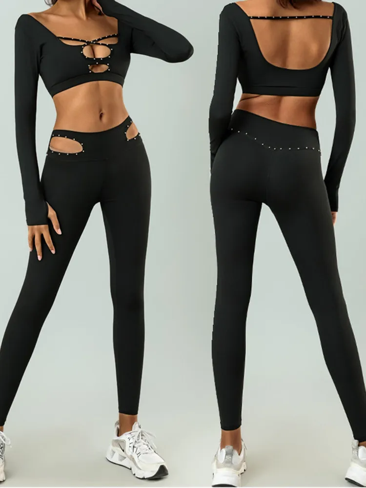 

Сексуальный ажурный дизайн из бисера, тренажерный зал, фитнес-топ для женщин, брюки полной длины с длинными рукавами, дышащий, плотный, тонкий, высокоэластичный, комплект для йоги