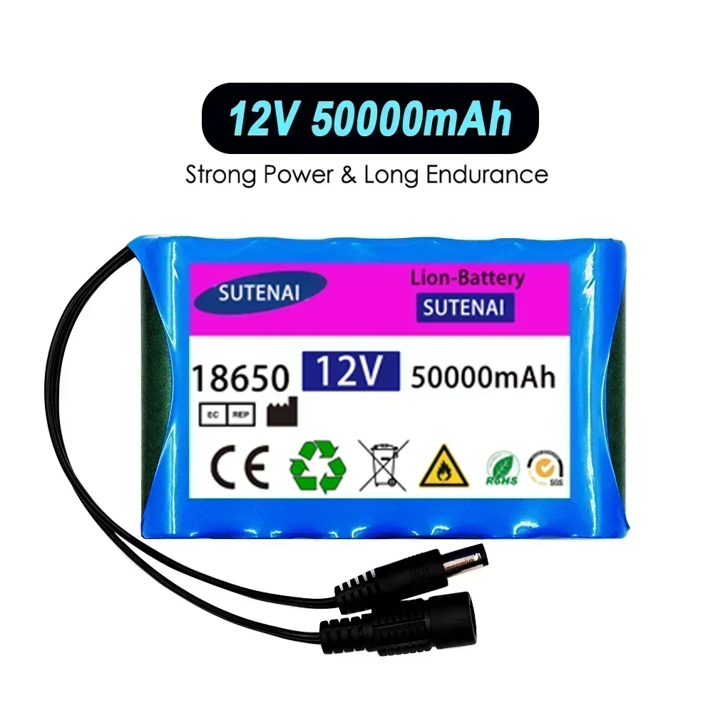 Air transport 12v 50Ah 50000mAh 18650 baterai isi ulang 12.6V PCB baterai Lithium papan pelindung + 12.6V 1A pengisi daya