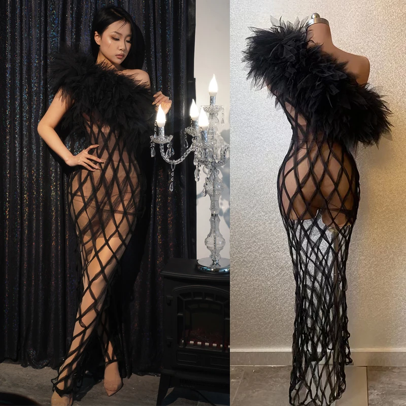 

Oblique Shoulder Black Fur Dress Sexy Mesh Perspective Dress Gogo Dance Costume Women Evening Celebrate Party Outfit XS5981