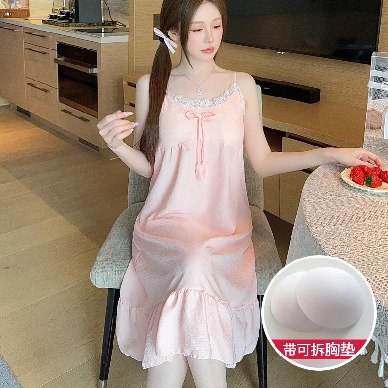 

DAIMELU women nightdress girls summer cloud cotton small lace edge sleepwear simple pajamas with chest pad sexy nightgown female