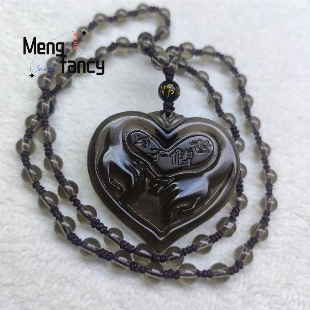 Natural Ice Obsidian Heart Shaped Plaque Pendant Elegant Charm Fashion Luxury Jewelry Men Women Couple Best Selling Holiday Gift