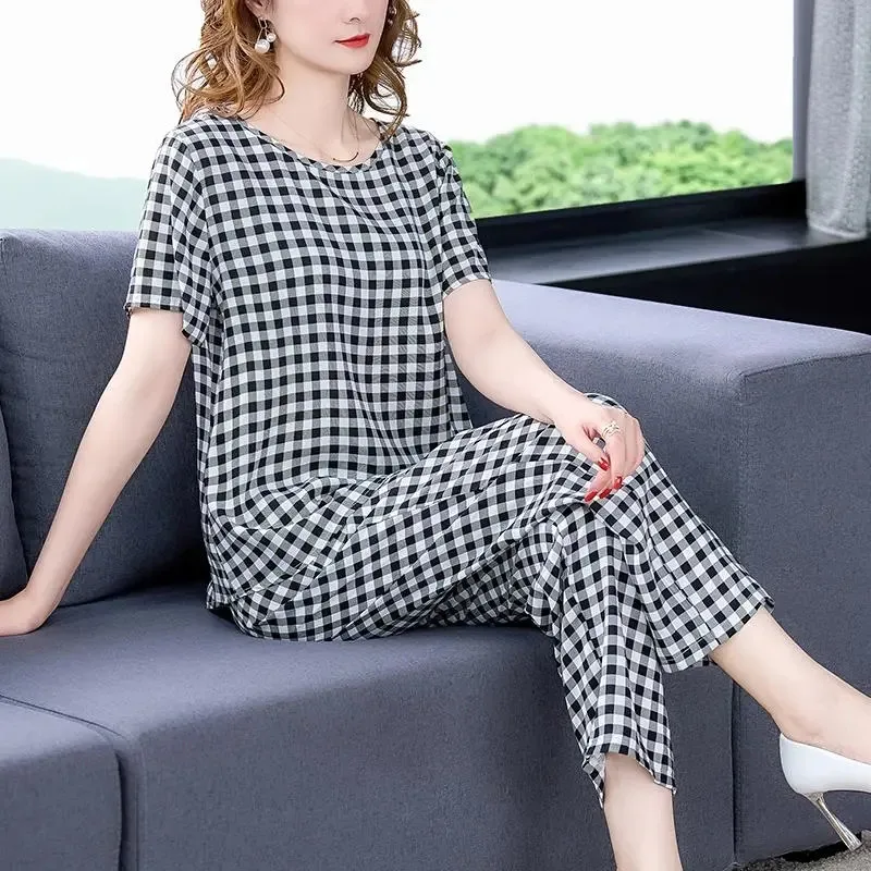 Casual Suit Women\'s 2023 Spring Summer New Solid Color Cotton Silk Pants Suit Blouses Short-sleeve Tops Mother Two Piece Sets