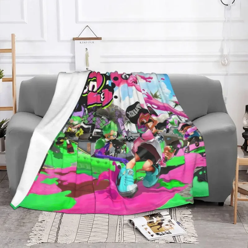 Colorful Sclatoon Graffiti Game Blanket Fleece Funny Warm Throw Blankets for Bedding Lounge All Season