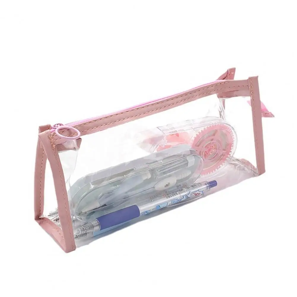 Bolsa de lápis de cor sólida, transparente, com zíper, à prova d'água, armazenamento de maquiagem, estudantes, papelaria para escola