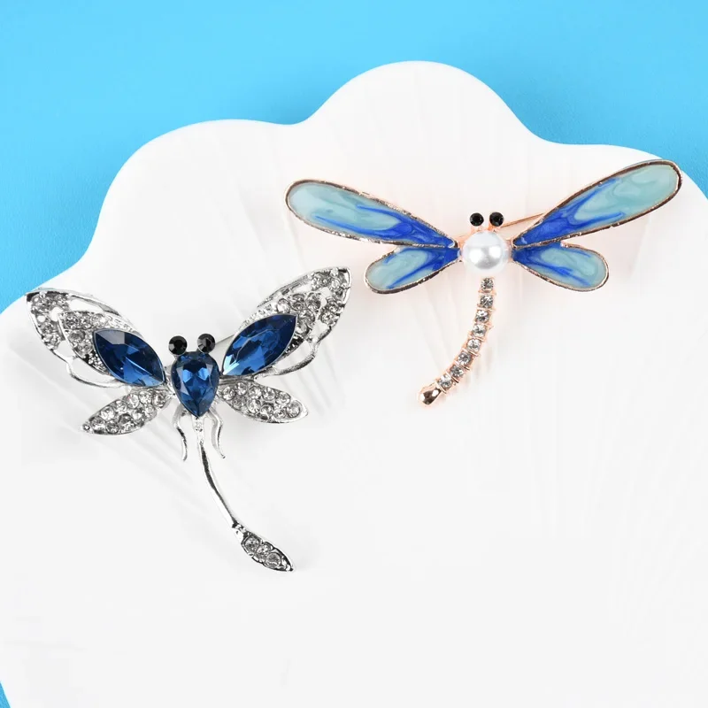 New Women Large Insect Brooch Pin Blue Crystal Glass Dragonfly Brooches Fashion Dress Coat Accessories Cute Jewelry