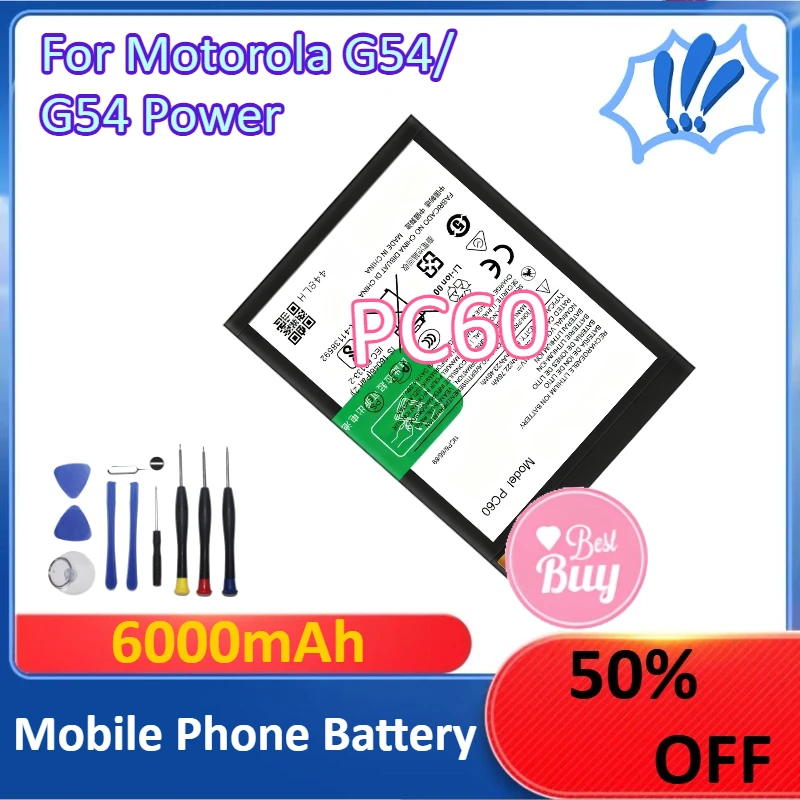 بطارية الهاتف المحمول PC60 الجديدة بقدرة 6000 مللي أمبير في الساعة لهاتف موتورولا G54/G54 بطارية ليثيوم + أدوات #1