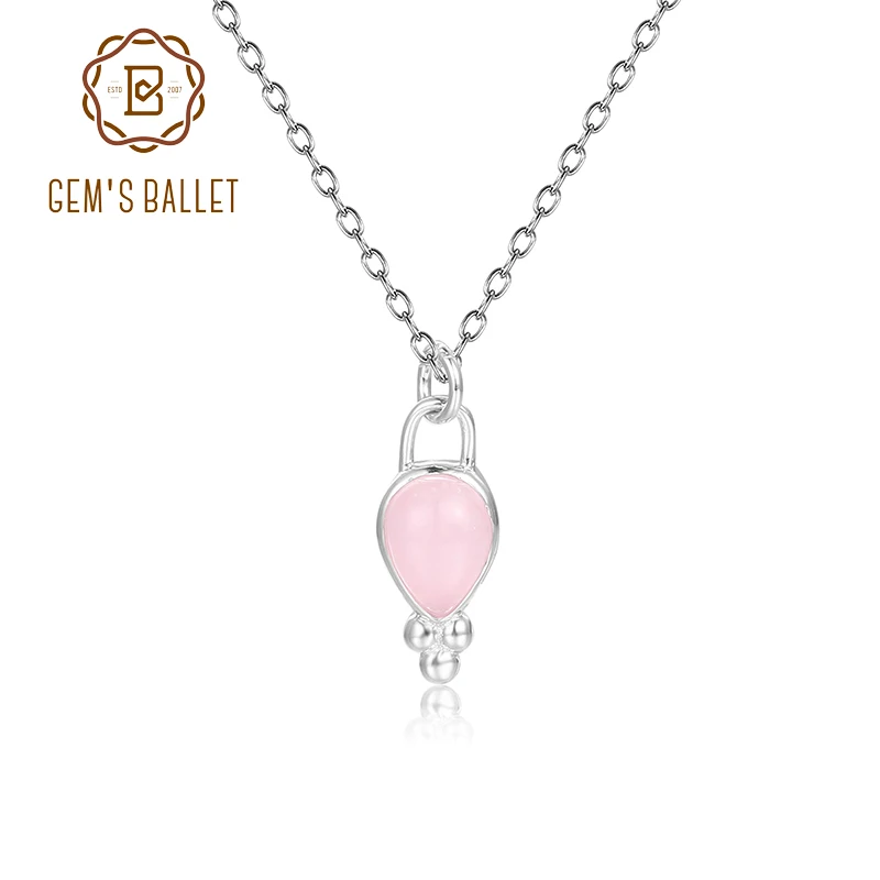 GEM'S BALLET Dainty Pink Quartz Necklace For Women 7x9mm Pear Shape Rose Quartz Gemstone Pendant Necklace in 925 Sterling Silver