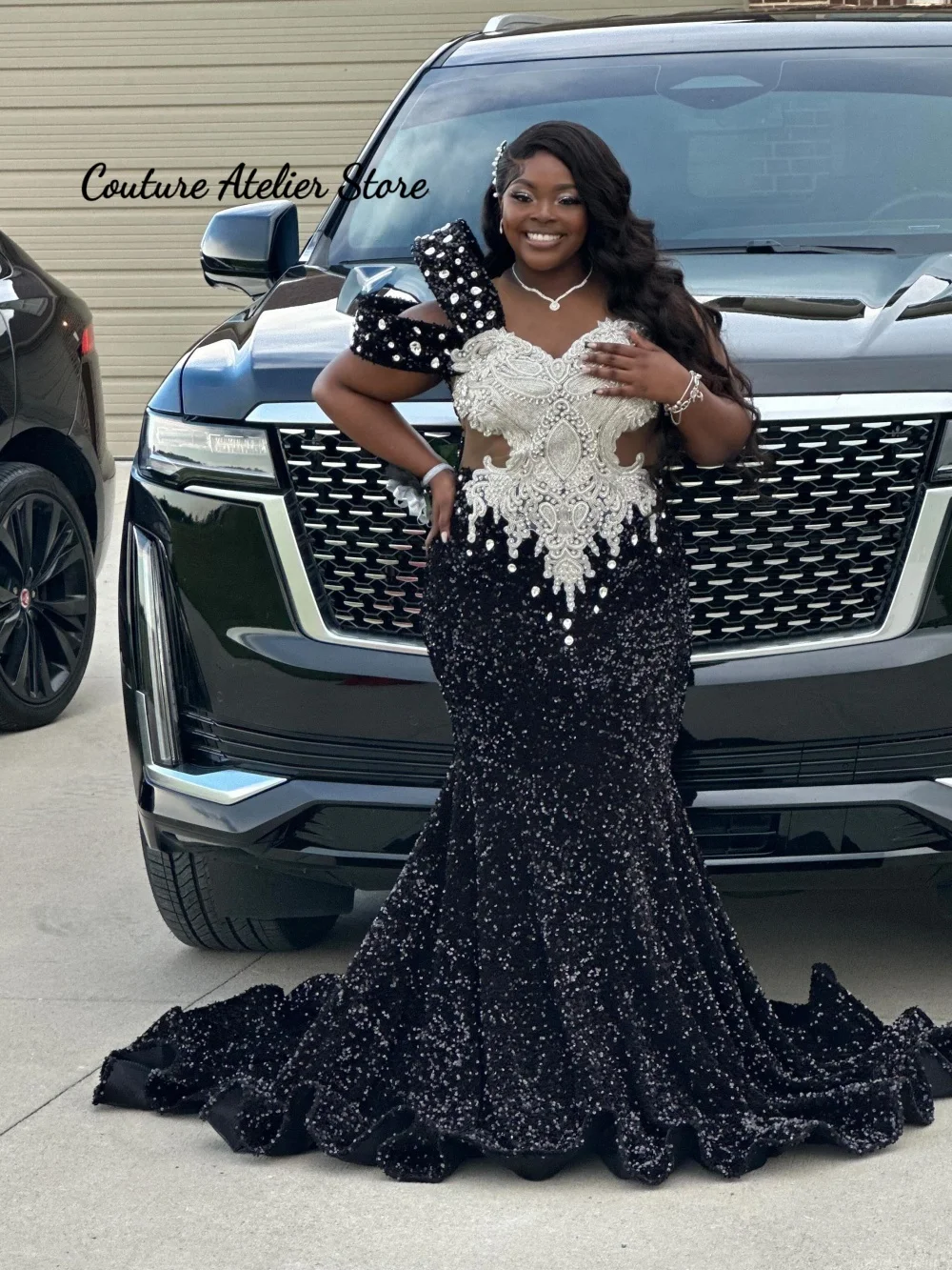 

Luxury Silver Crystals Beaded Mermaid Prom Dress for Blackgirls Graduation Prom Court Tulle Train Formal Evening Gown Customized