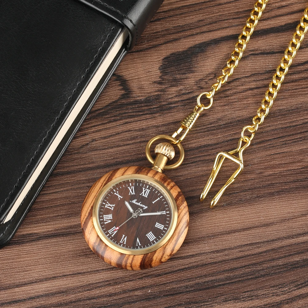 Vintage Open Face Roman Numerals Display Quartz Pocket Watch Wooden Case Luxury Pendant Steampunk Clock with Golden 30 cm Chain