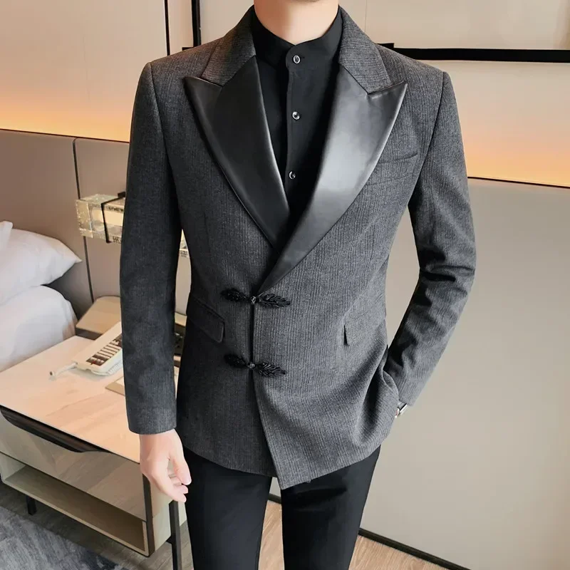 Autumn Winter New Thick Tuxedo Blazers For Men Clothing Fashion PU Leather Spliced Collar Slim Fit Casual Jackets And Coats 4XL