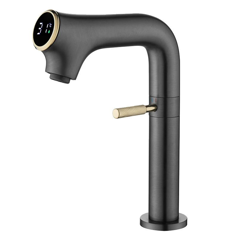 High-end Bathroom All-copper Digital Display Basin Faucet Household Hot and Cold Splash-proof Heightened Washbasin Creative