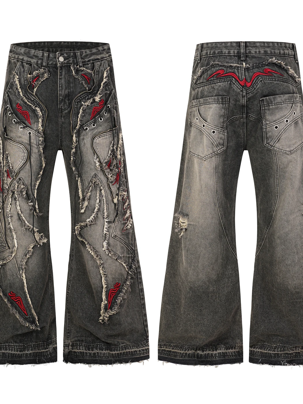 Retro American Heavy Duty Embroidered Zipper Loose Micro Flared Jeans Men's Casual Cotton Denim Straight Leg Trousers