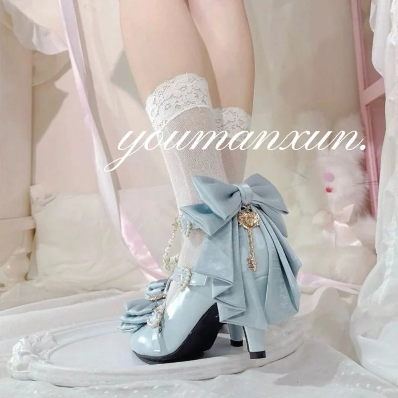 Lolita Pink Bow Mary Jane High Heels Women New Japanese Kawaii Round Toe Clip Pumps Elegant Cute Princess Shoe Party Cosplay JK