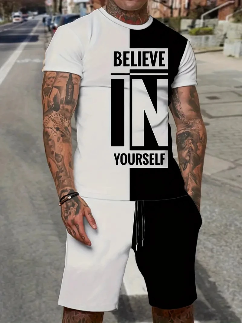 BELIVE IN YOURSELF Imprime Verão T-shirt e Shorts Set Casual Multi-cor Conjunto de Duas Peças 2024 Roupas Masculinas de Moda