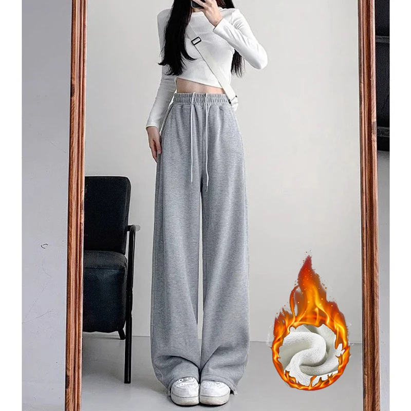 Zimowe dziewczęce koreańskie spodnie polarowe z wysokim stanem, termiczne, modne damskie spodnie z prostymi nogawkami, pluszowe spodnie, luźne spodnie śnieżne, ciepłe czarne spodnie.