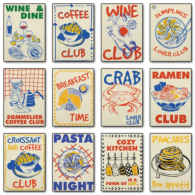 Retro Kitchen Coffee Breakfast Croissant Dumpling Pancakes Food Poster Print Wall Art Pictures Canvas Painting Room Home Decor