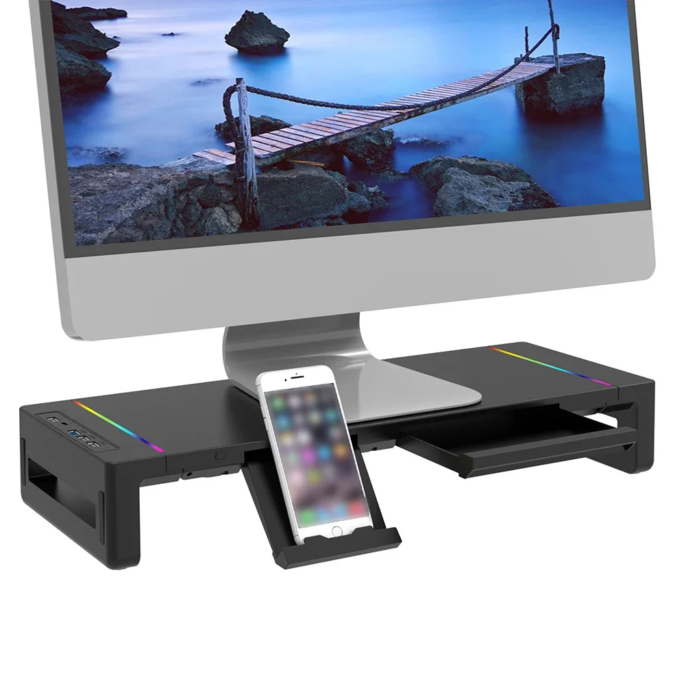 Hot Sales Computer Monitor ABS Stands Foldable USB3.0 Port Keyboard Mouse Storage Shelf And Drawer Monitor Holder Parts