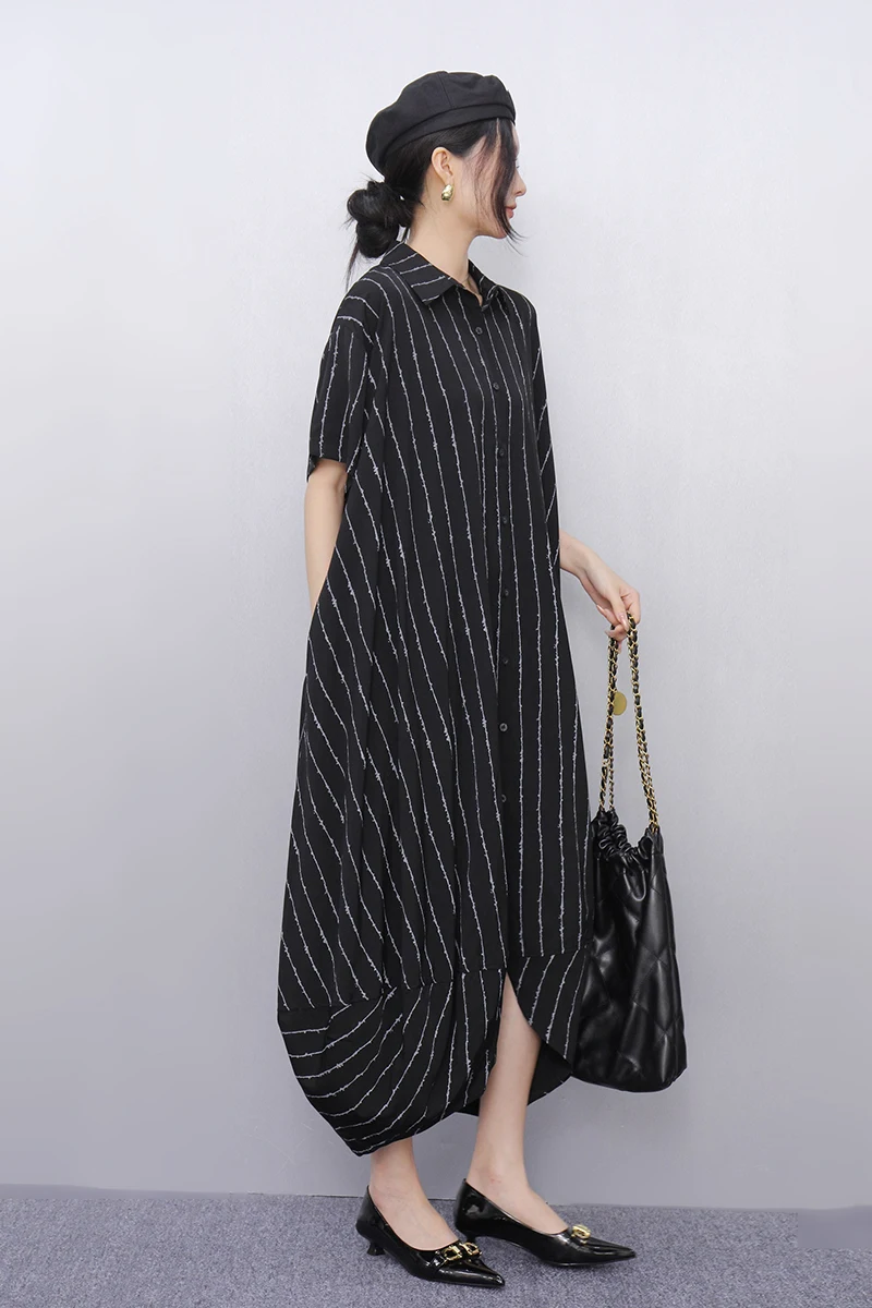 2025 Primavera Estate New Fashion Camicie larghe a righe Abiti lunghi Donna Elegante abito a maniche corte Donna all'ingrosso J945