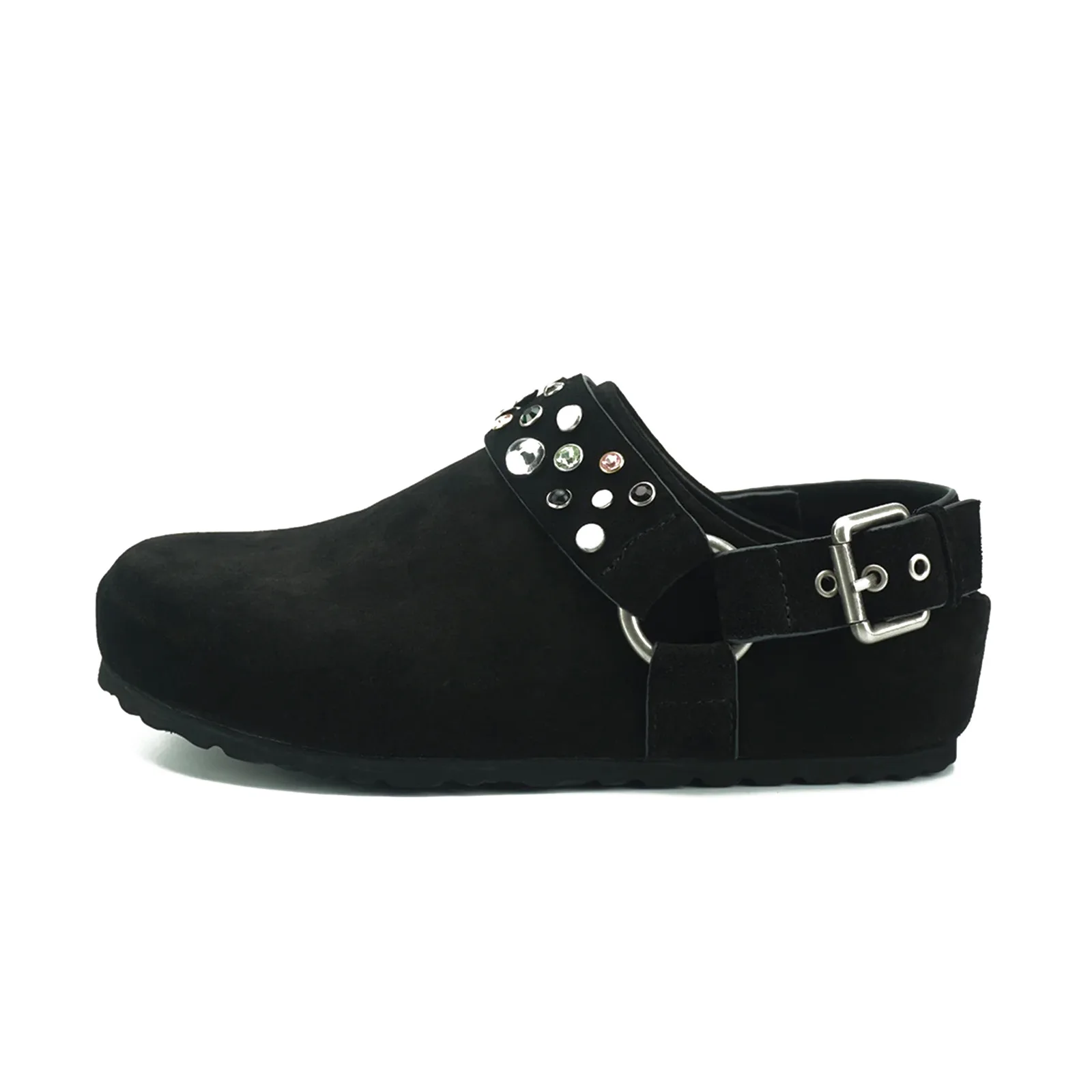 Women's Rhinestone Studded Double Buckle Boston Style Suede Mules Round Toe Backless Slip‑On Clogs Punk Rivet Decor