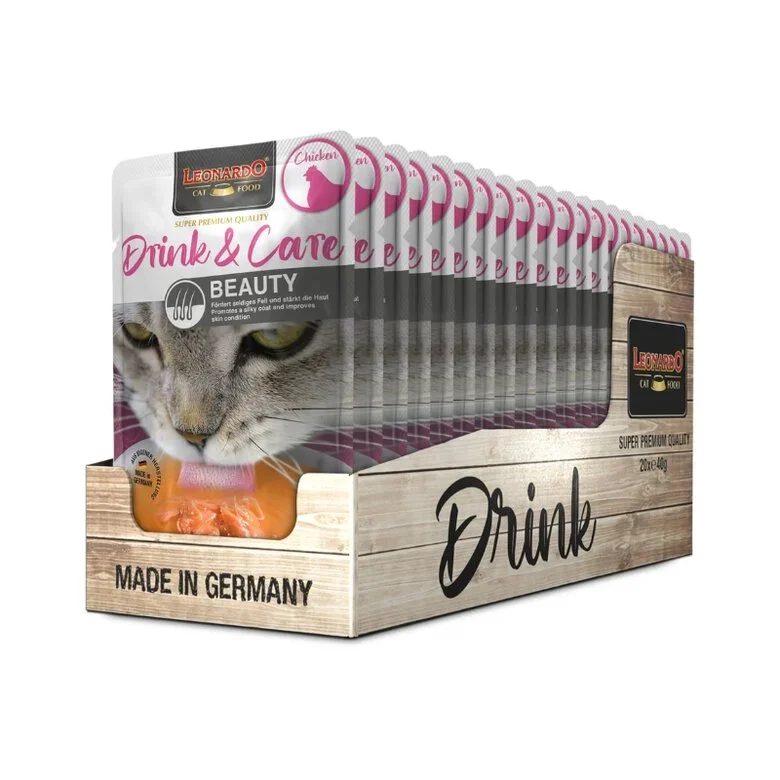 Pack 20x40grs Leonardo Drink & Care Beauty Sopa Pollo para Gatos