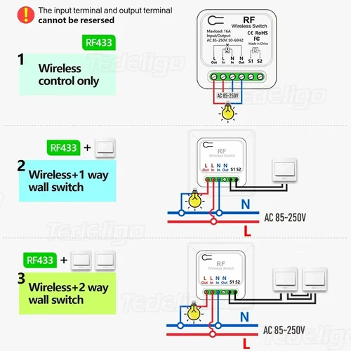 Imagen 2 del producto RF 433Mhz interruptor de luz de Control remoto inalámbrico 220V 110V 16A Mini Moudle de Control bidireccional tiene función de retardo para lámpara de hogar ventilador Led