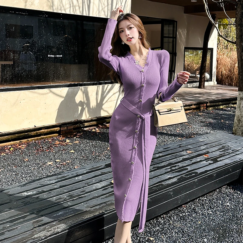 Dress Women Spring 2024 French Style Solid Knitted Long Sleeve Single Breasted V-Neck Black Khaki Purple Dresses