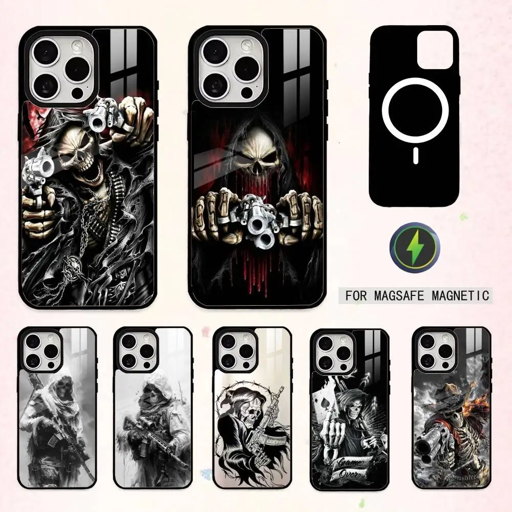 

D-Dark Reaper Skull Gun Phone Case For iPhone17,16,15,14,13,12,11 Plus,Pro Max Magnetic For Magsafe Wireless Charging