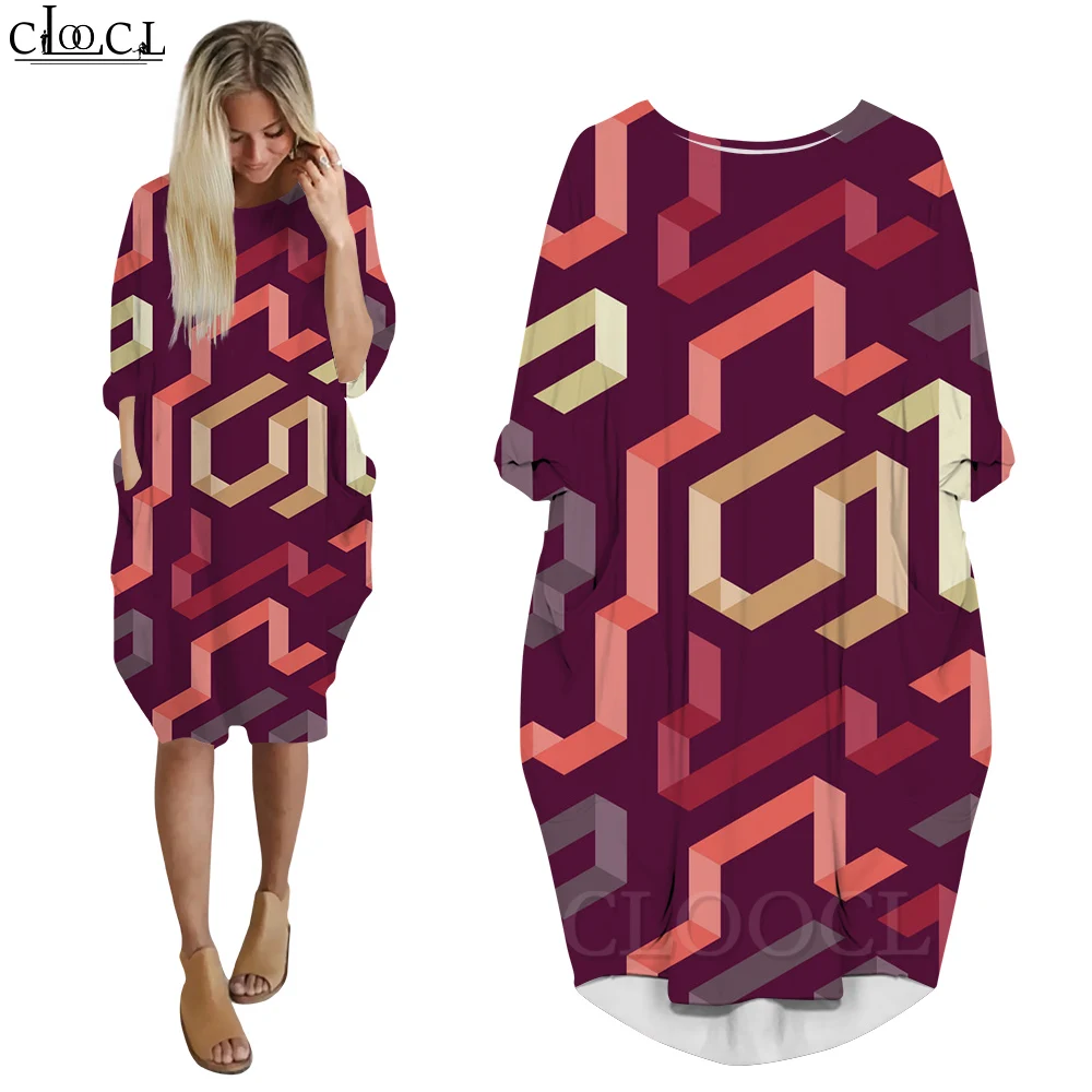 CLOOCL Dresses Women Party Gown Colorful Abstract Geometric Lines Print Dress Loose Long Sleeve Over The Knee Dress Women Y2K