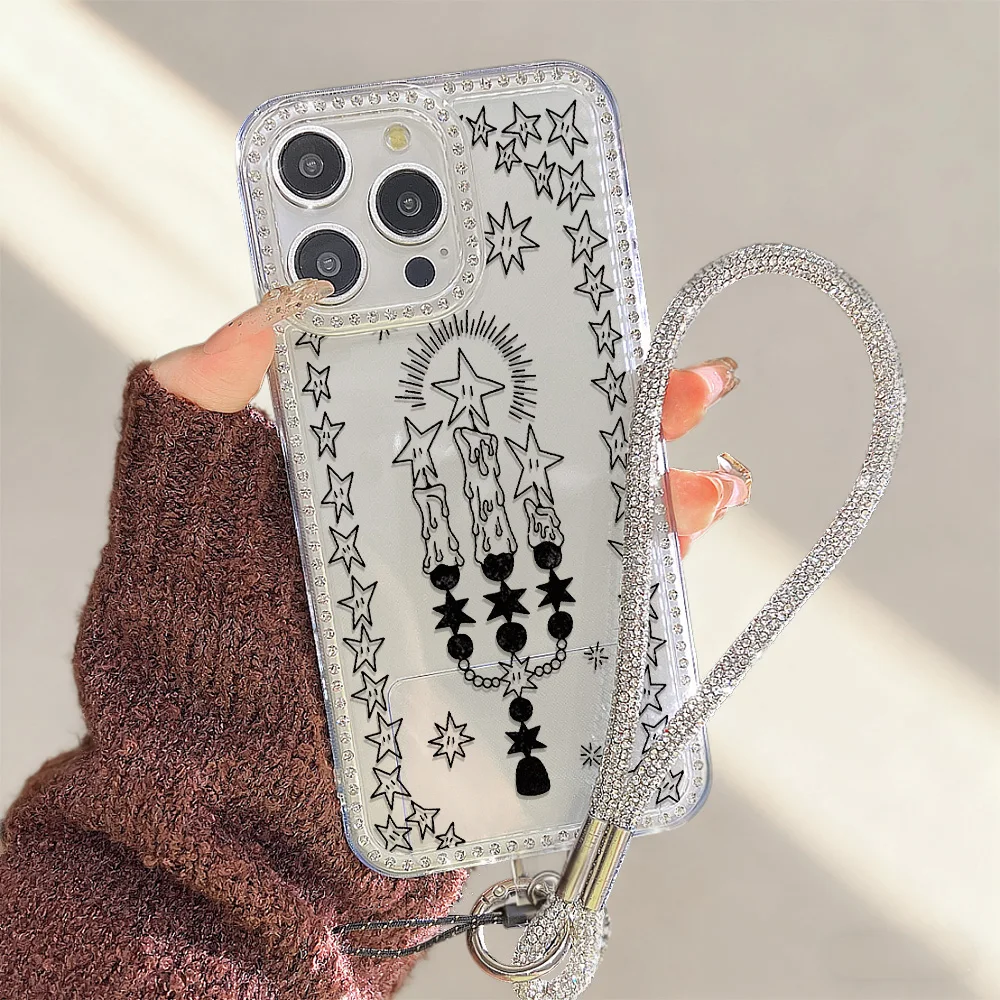 Diamond Lanyard Phone Case For iPhone 17 16 Pro Max 11 13 15 14 12 Air 17promax  Transparent Shockproof Candle Painted Cover