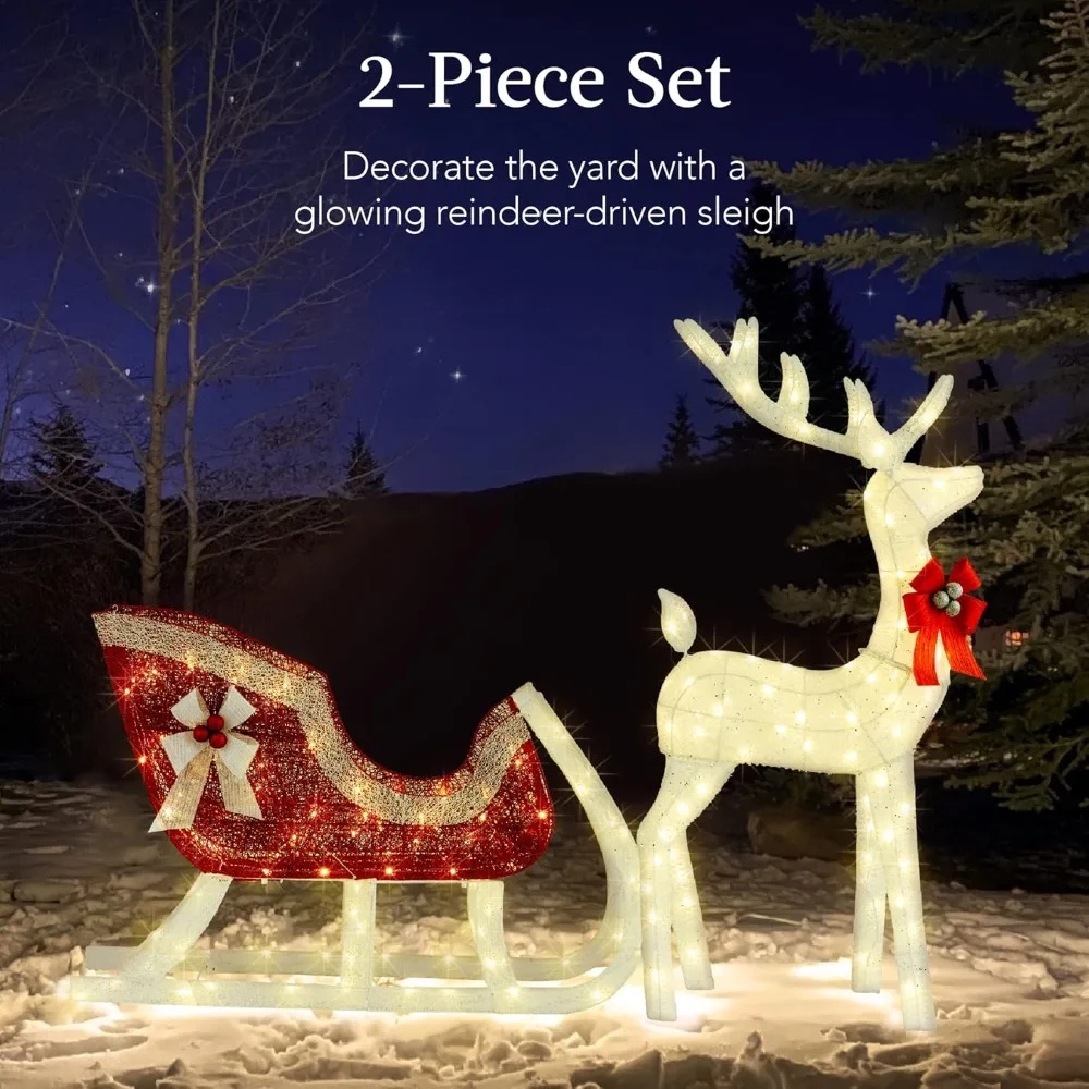 

Christmas Lighting 4-foot Reindeer and Sled Outdoor Yard Decoration Set, with 205 LED Lights, Wooden Stakes, Zipper - White