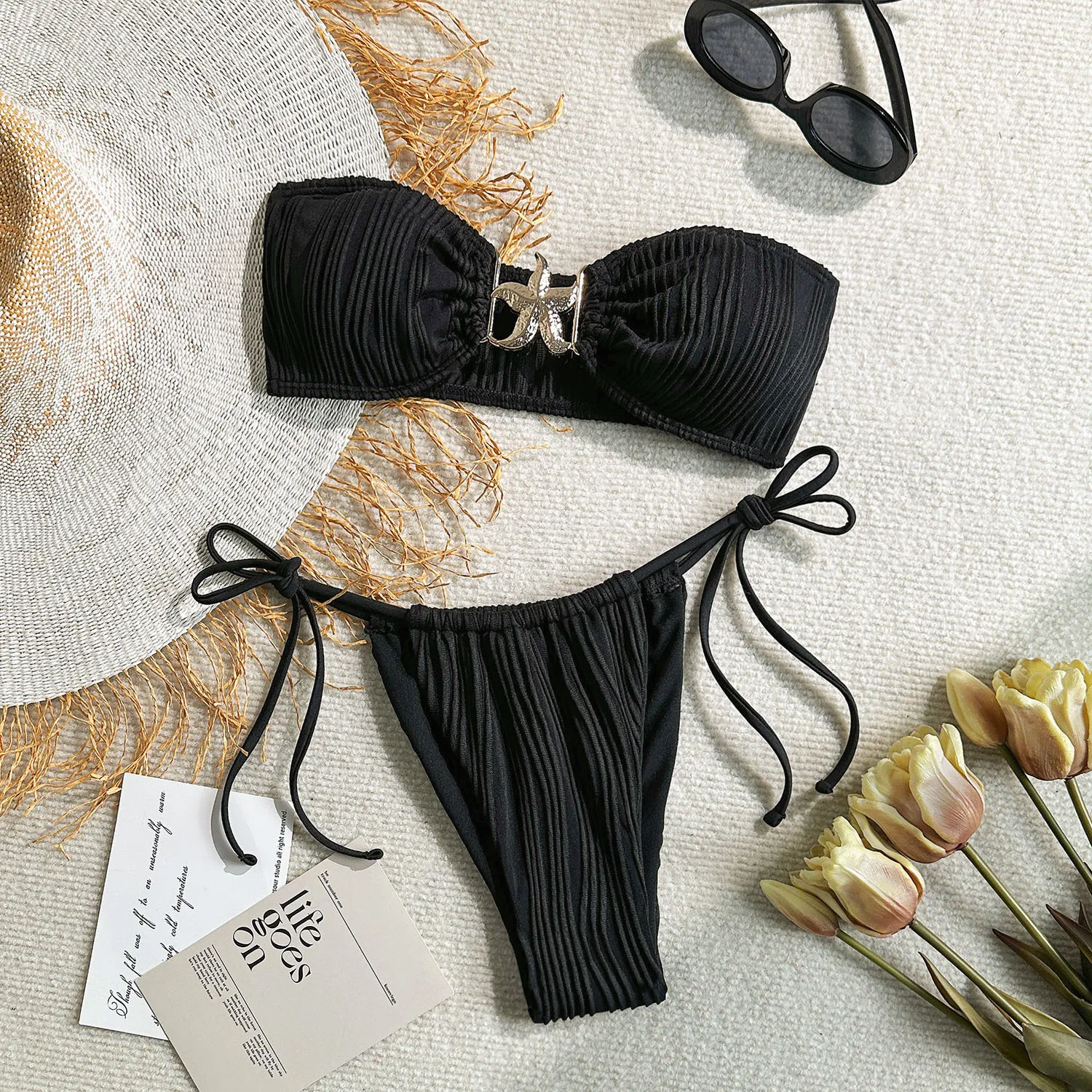 

sexy metal starfish ribbed bandeau bikinis sets two pieces swimsuits beachwear bathing suit swimwear biquini beach outfits