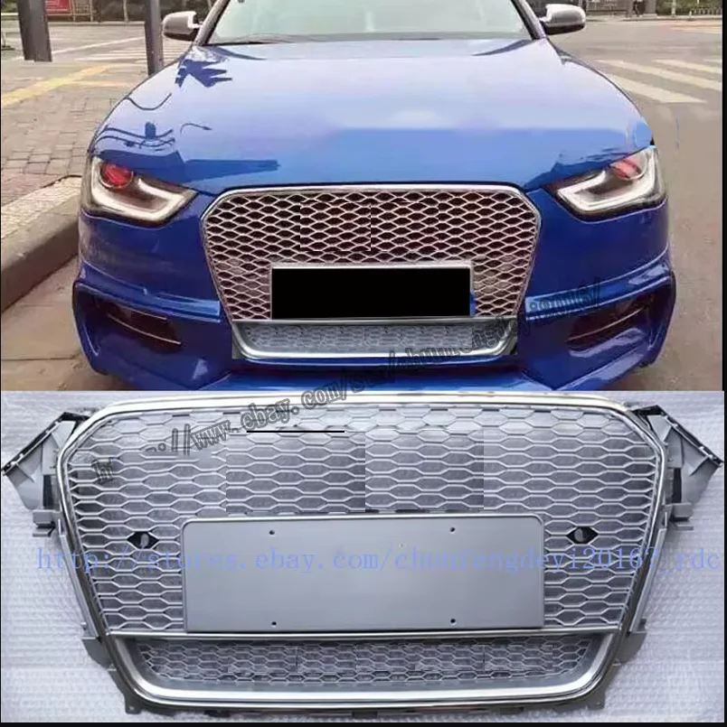 RS4 Honeycomb Silver Grill Grille For Audi A4 B8.5 S4 2013 13 2014 14 2015 15 2016 16 Chorme Trim Rings