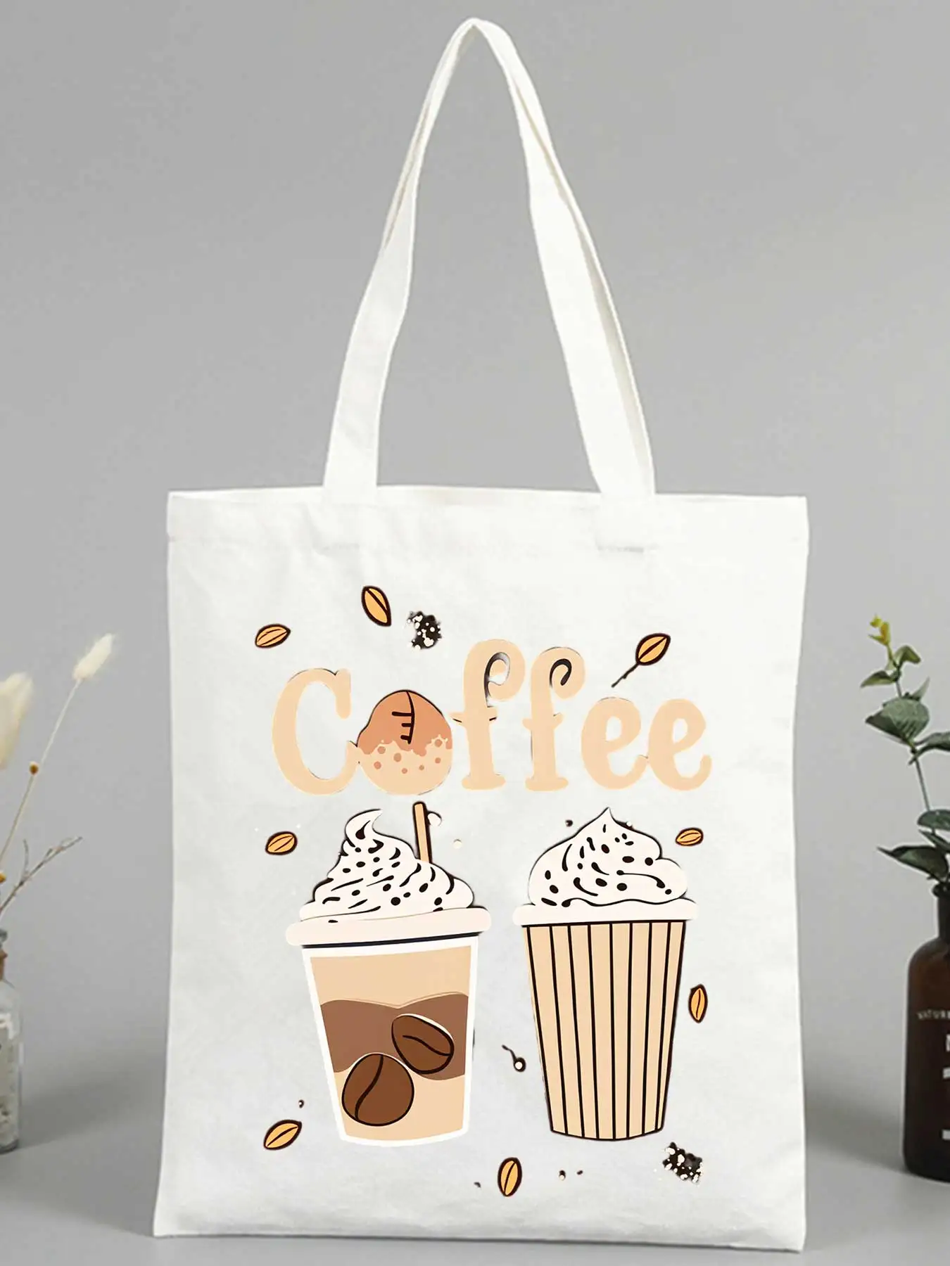 coffee cup and letter print canvas tote bag, casual style for daily shopping and coffee outings