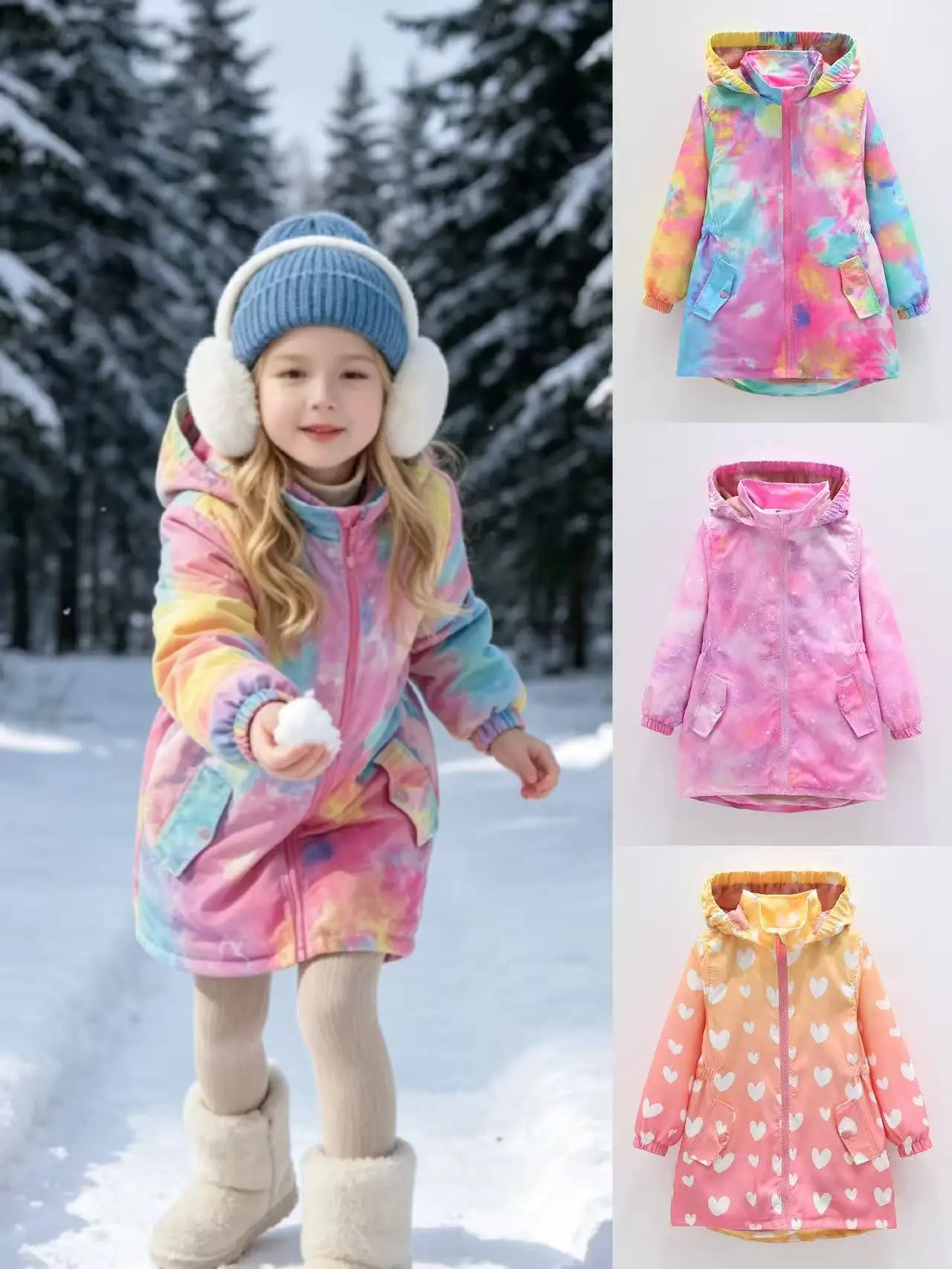 Winter new item, girls' hooded cotton jacket, warm and windproof, fashionable tie dye style, suitable for girls aged 5-13