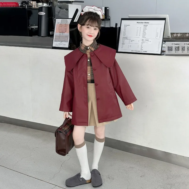 

Кожаное пальто для девочек в корейском стиле, 2025 г., средней длины, милый кукольный воротник, стильная ветровка для детей 8–14 лет