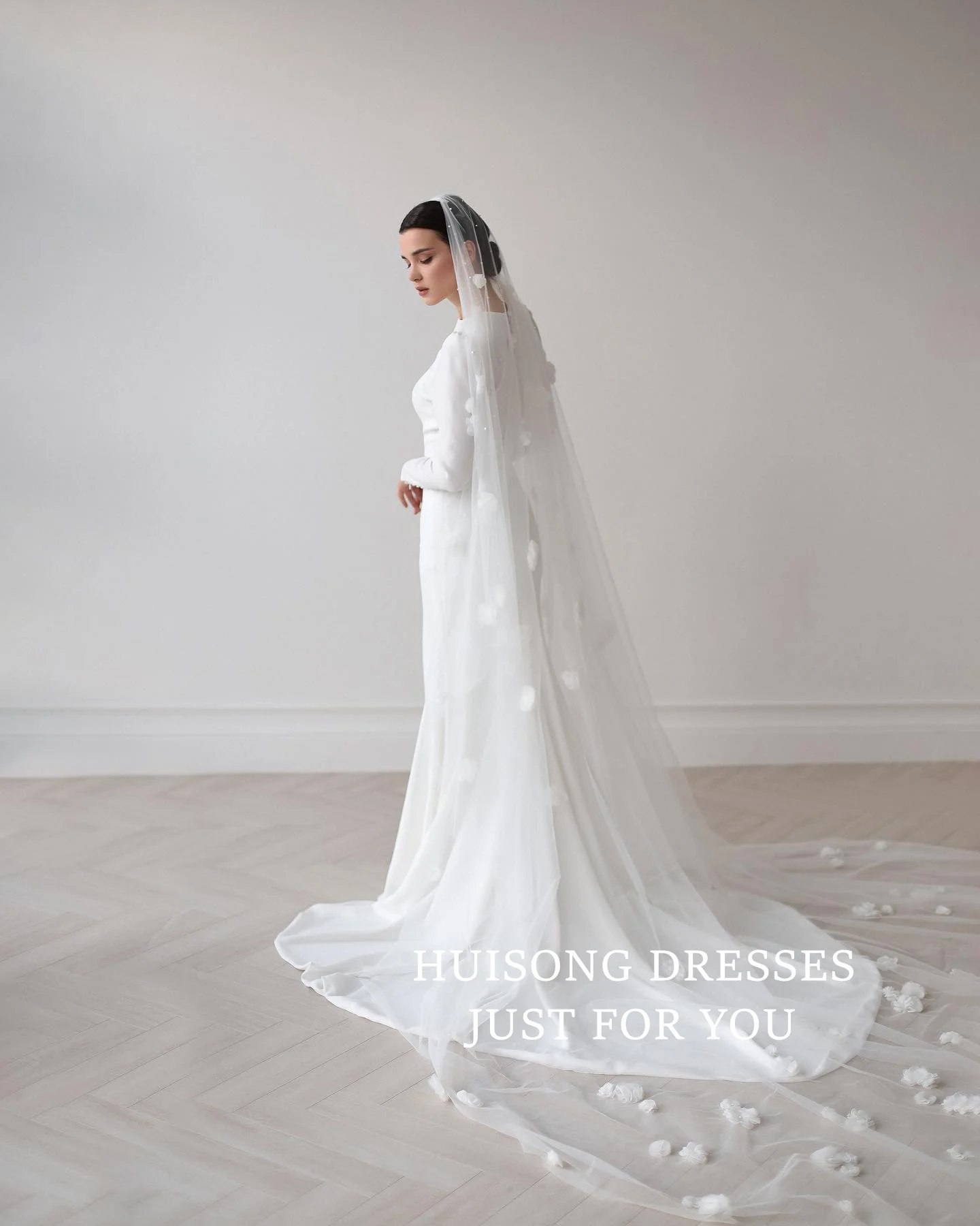 HUISONG Aangepaste Bescheiden Satijn Zeemeermin Trouwjurken O-hals Lange Mouwen Moslim Bruidsjurk robe de mariée