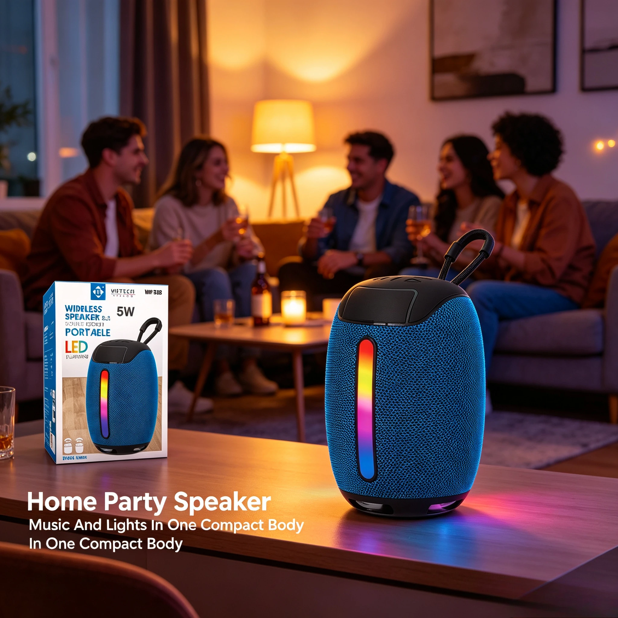 Altoparlante Bluetooth portatile per esterni con luce LED RGB, 5W, tecnologia TWS, suono stereo wireless, ricarica tramite USB-C, mini altoparlante ideale per viaggi, campeggio e feste.